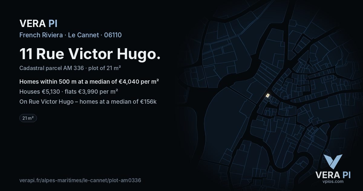 11 Rue Victor Hugo, Le Cannet at night – the plot lit, the parcels around coloured by the prices near them