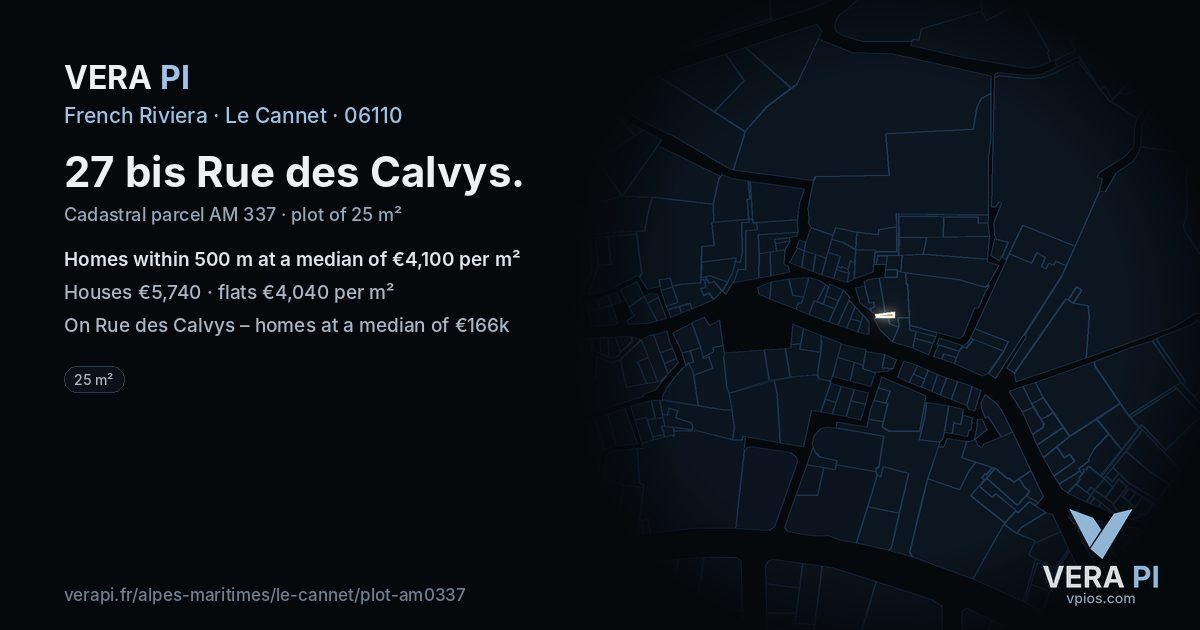 27 bis Rue des Calvys, Le Cannet at night – the plot lit, the parcels around coloured by the prices near them