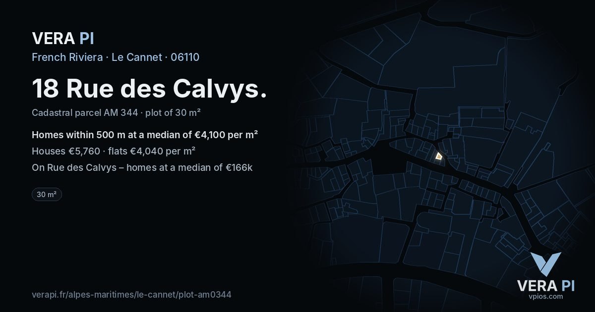 18 Rue des Calvys, Le Cannet at night – the plot lit, the parcels around coloured by the prices near them
