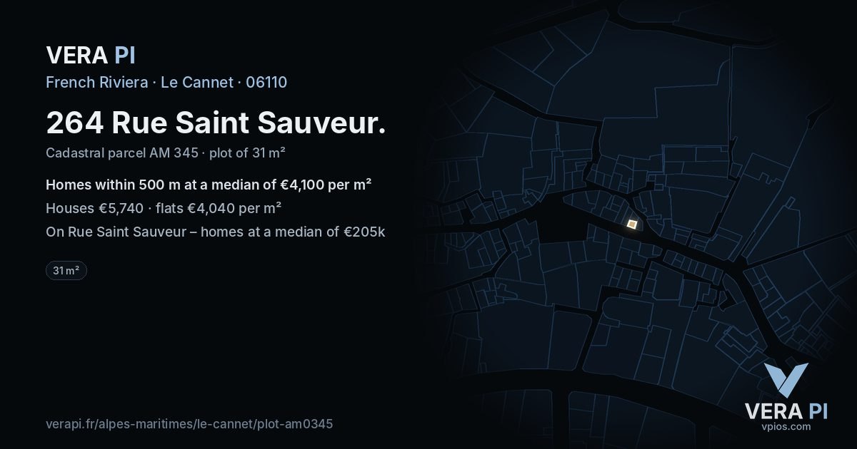 264 Rue Saint Sauveur, Le Cannet at night – the plot lit, the parcels around coloured by the prices near them