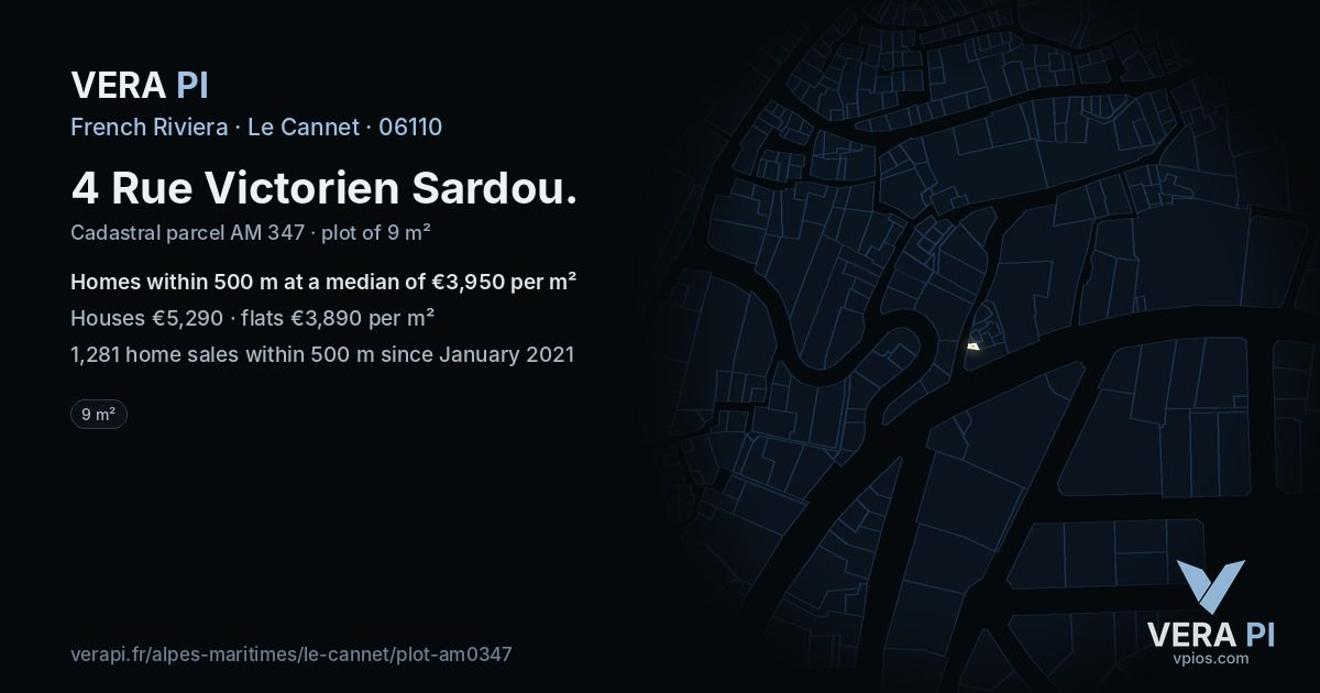 4 Rue Victorien Sardou, Le Cannet at night – the plot lit, the parcels around coloured by the prices near them