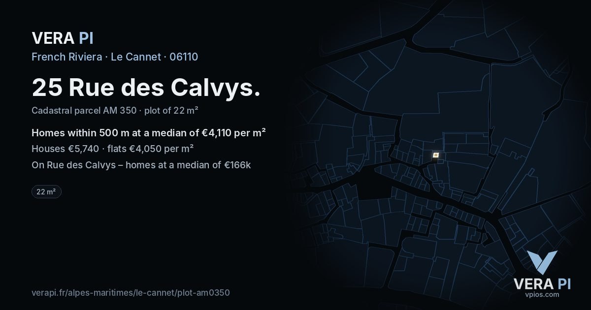 25 Rue des Calvys, Le Cannet at night – the plot lit, the parcels around coloured by the prices near them