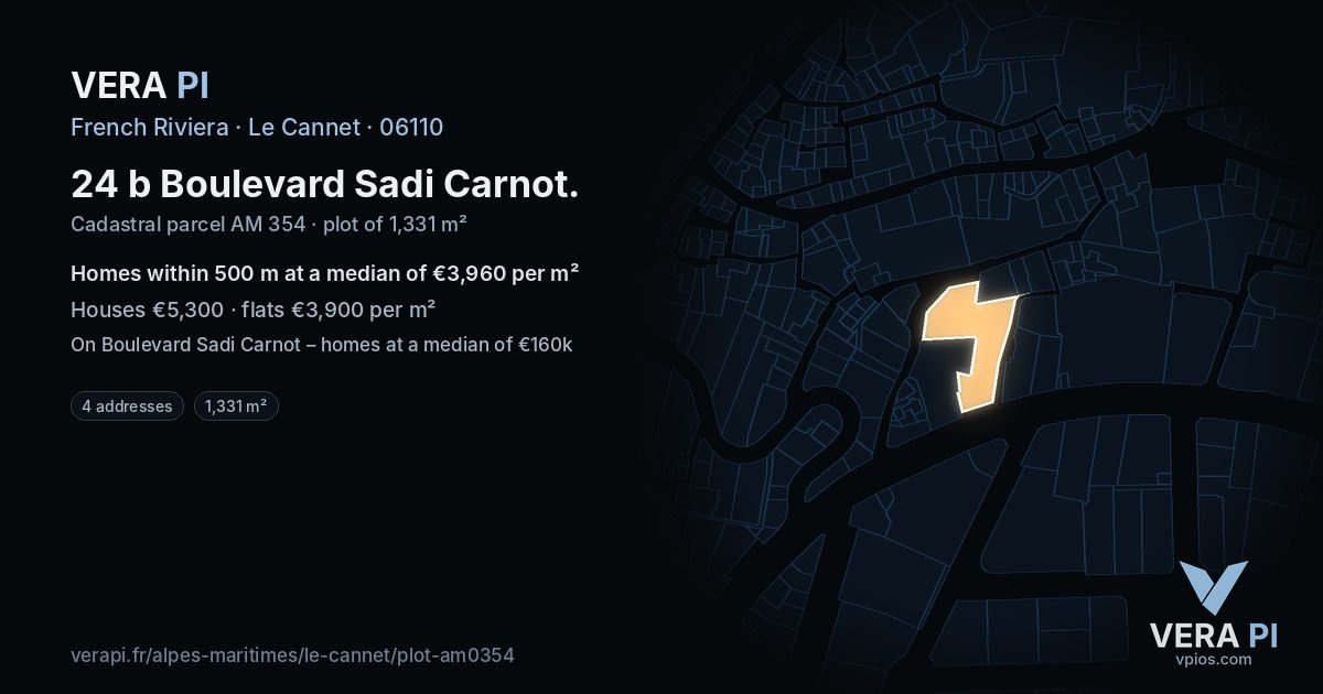 24 b Boulevard Sadi Carnot, Le Cannet at night – the plot lit, the parcels around coloured by the prices near them