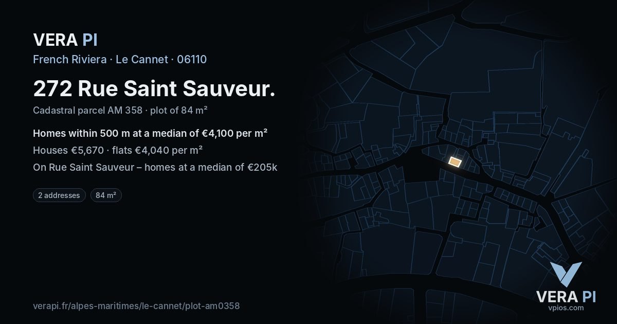 272 Rue Saint Sauveur, Le Cannet at night – the plot lit, the parcels around coloured by the prices near them