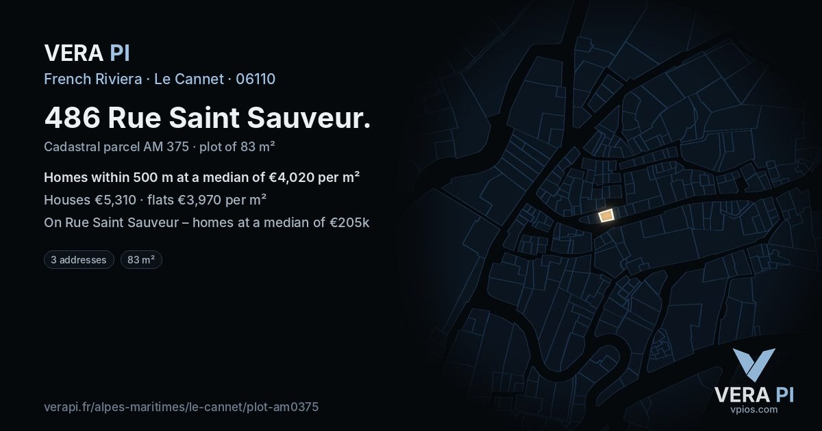486 Rue Saint Sauveur, Le Cannet at night – the plot lit, the parcels around coloured by the prices near them