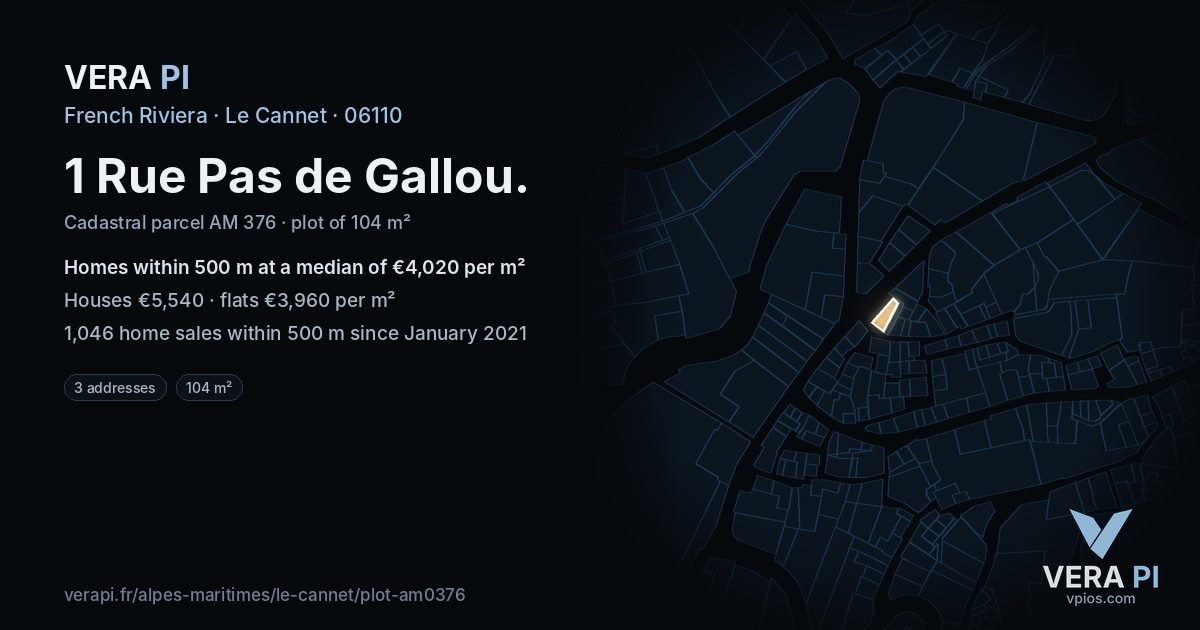 1 Rue Pas de Gallou, Le Cannet at night – the plot lit, the parcels around coloured by the prices near them
