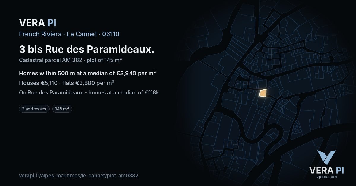 3 bis Rue des Paramideaux, Le Cannet at night – the plot lit, the parcels around coloured by the prices near them