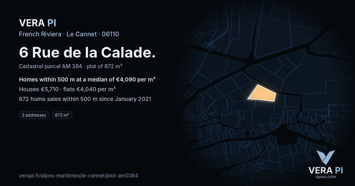 6 Rue de la Calade, Le Cannet at night – the plot lit, the parcels around coloured by the prices near them