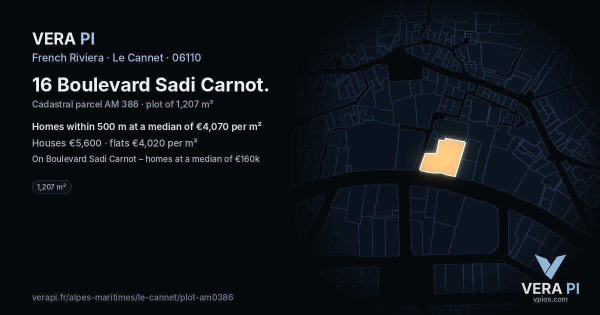 16 Boulevard Sadi Carnot, Le Cannet at night – the plot lit, the parcels around coloured by the prices near them