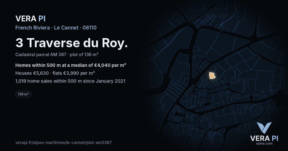3 Traverse du Roy, Le Cannet at night – the plot lit, the parcels around coloured by the prices near them