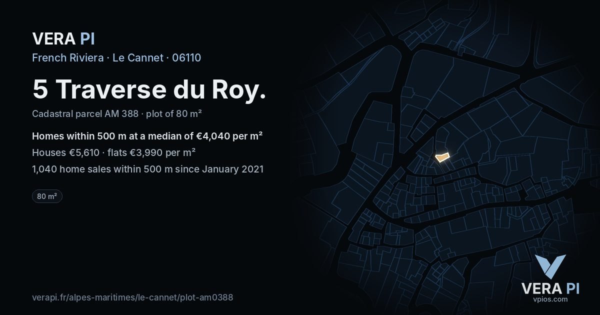 5 Traverse du Roy, Le Cannet at night – the plot lit, the parcels around coloured by the prices near them