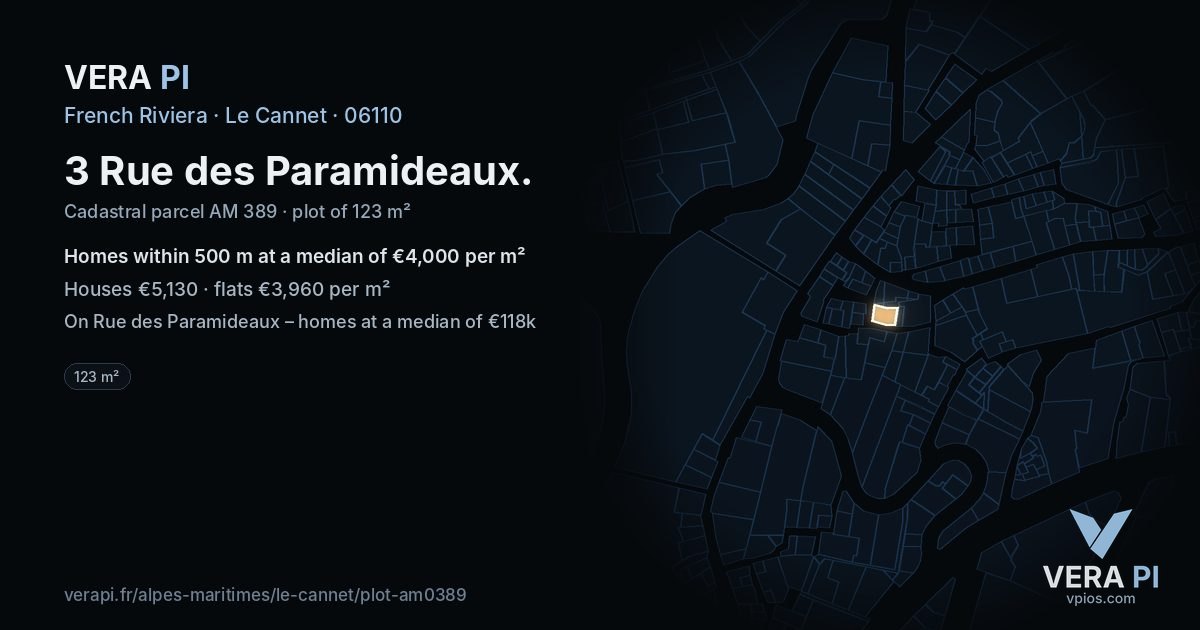 3 Rue des Paramideaux, Le Cannet at night – the plot lit, the parcels around coloured by the prices near them