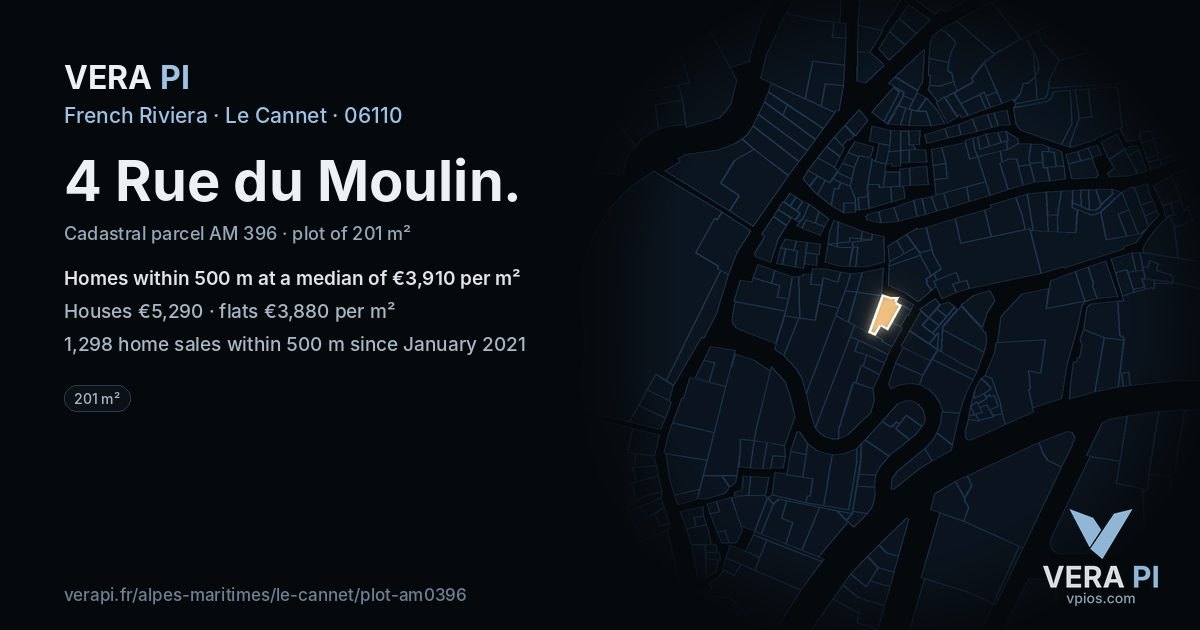 4 Rue du Moulin, Le Cannet at night – the plot lit, the parcels around coloured by the prices near them