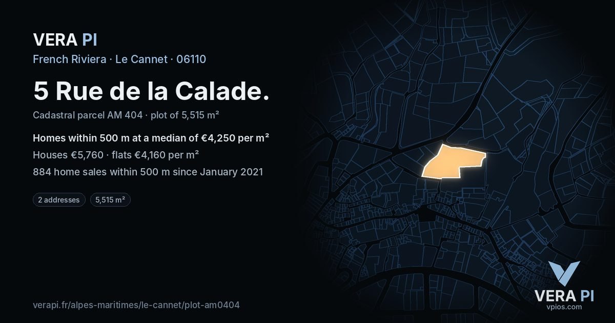 5 Rue de la Calade, Le Cannet at night – the plot lit, the parcels around coloured by the prices near them
