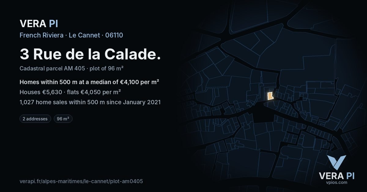 3 Rue de la Calade, Le Cannet at night – the plot lit, the parcels around coloured by the prices near them