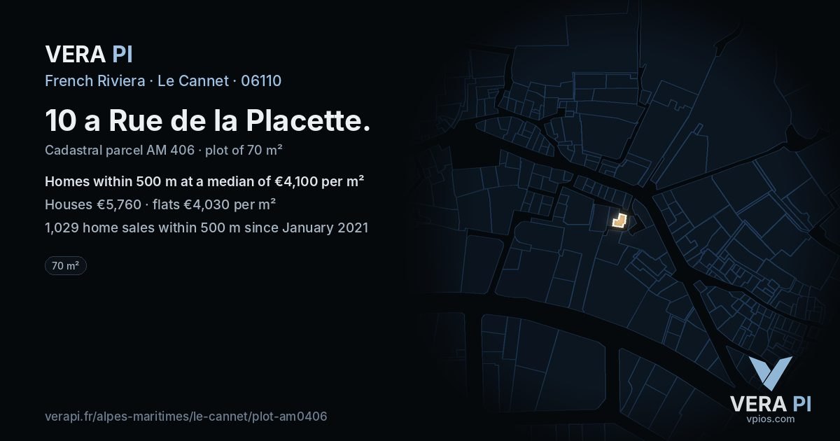 10 a Rue de la Placette, Le Cannet at night – the plot lit, the parcels around coloured by the prices near them