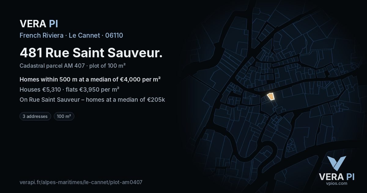 481 Rue Saint Sauveur, Le Cannet at night – the plot lit, the parcels around coloured by the prices near them