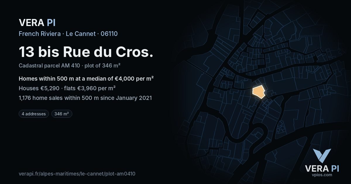 13 bis Rue du Cros, Le Cannet at night – the plot lit, the parcels around coloured by the prices near them