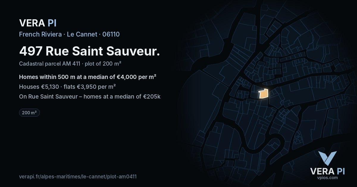 497 Rue Saint Sauveur, Le Cannet at night – the plot lit, the parcels around coloured by the prices near them