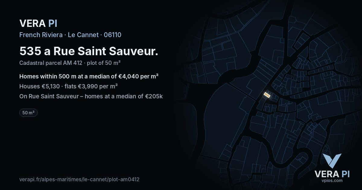535 a Rue Saint Sauveur, Le Cannet at night – the plot lit, the parcels around coloured by the prices near them
