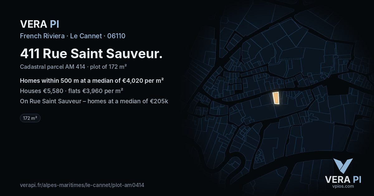 411 Rue Saint Sauveur, Le Cannet at night – the plot lit, the parcels around coloured by the prices near them