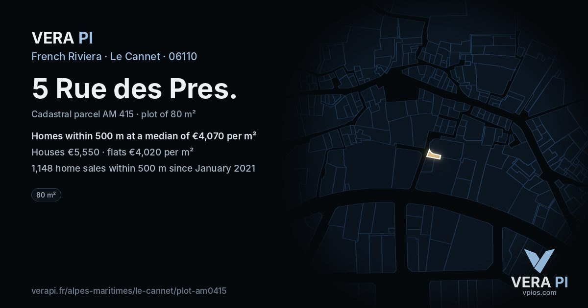 5 Rue des Pres, Le Cannet at night – the plot lit, the parcels around coloured by the prices near them