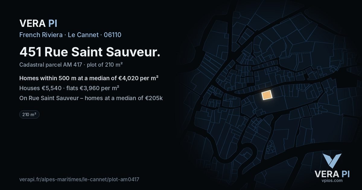 451 Rue Saint Sauveur, Le Cannet at night – the plot lit, the parcels around coloured by the prices near them
