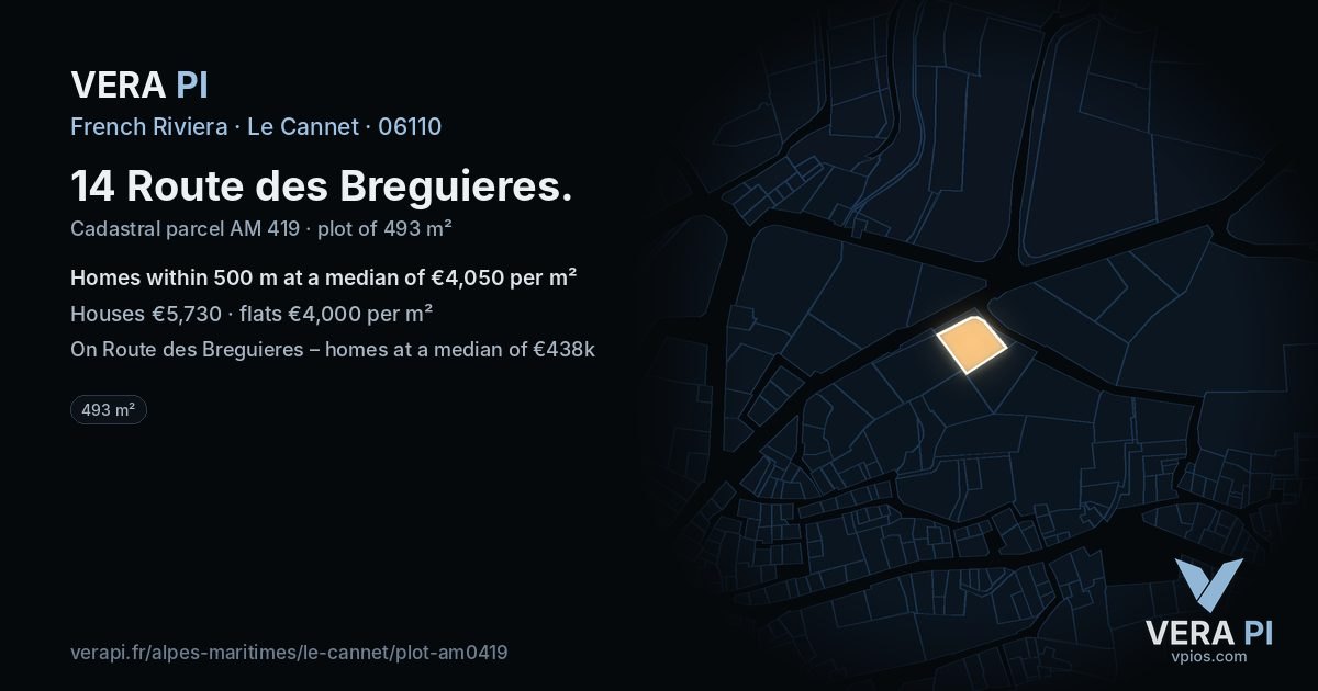 14 Route des Breguieres, Le Cannet at night – the plot lit, the parcels around coloured by the prices near them