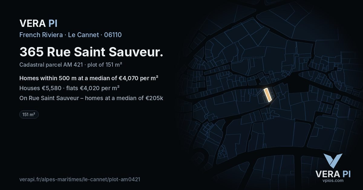 365 Rue Saint Sauveur, Le Cannet at night – the plot lit, the parcels around coloured by the prices near them
