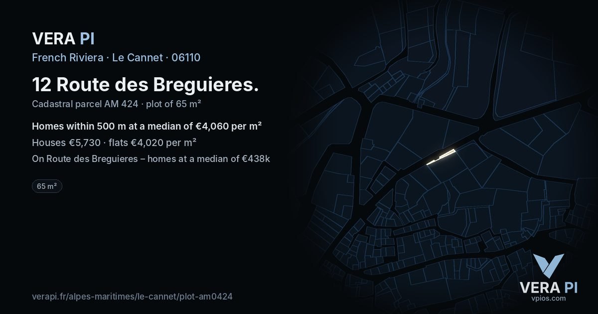 12 Route des Breguieres, Le Cannet at night – the plot lit, the parcels around coloured by the prices near them