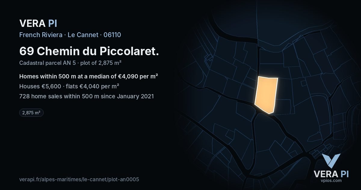 69 Chemin du Piccolaret, Le Cannet at night – the plot lit, the parcels around coloured by the prices near them