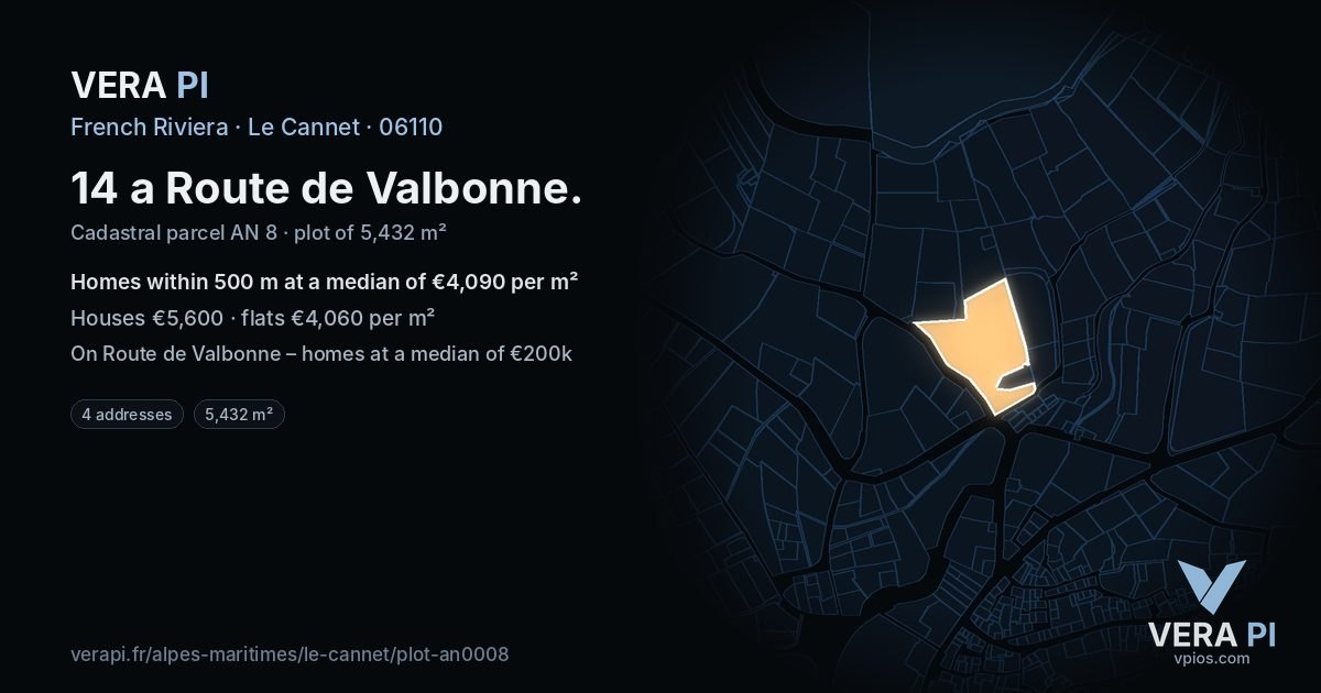 14 a Route de Valbonne, Le Cannet at night – the plot lit, the parcels around coloured by the prices near them