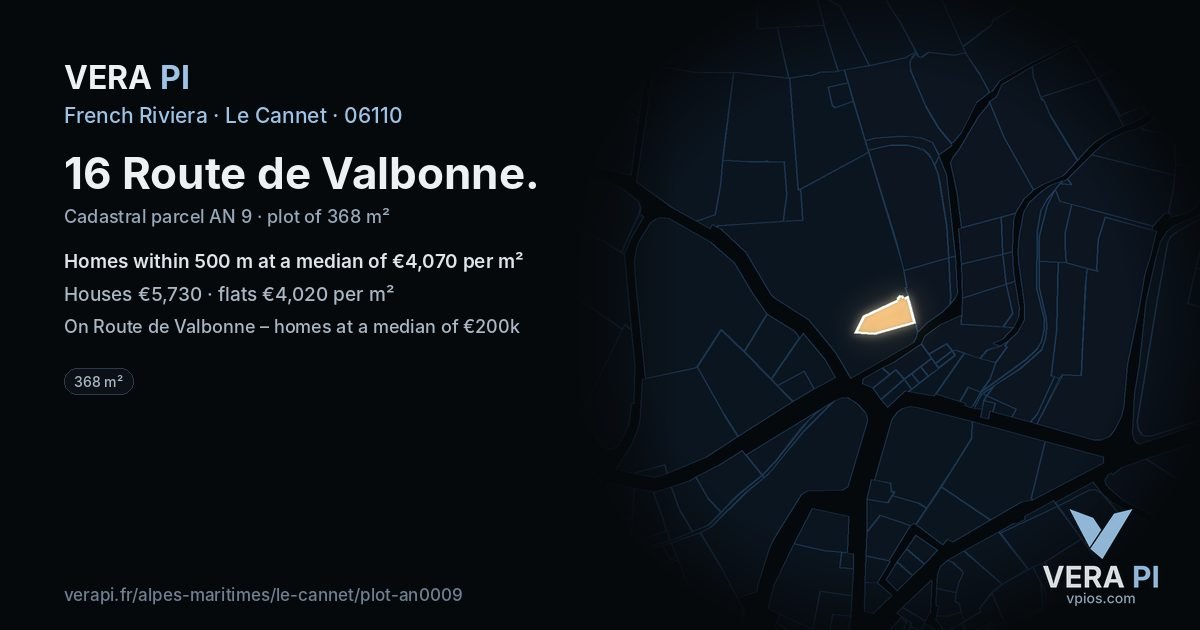 16 Route de Valbonne, Le Cannet at night – the plot lit, the parcels around coloured by the prices near them