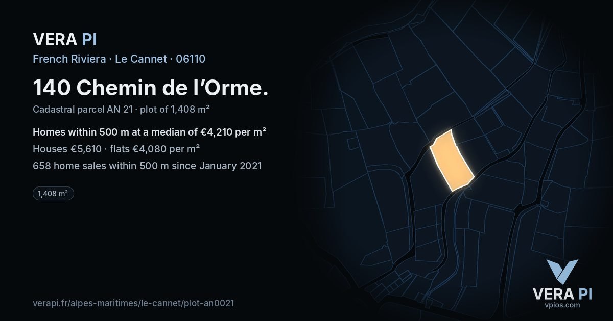 140 Chemin de l’Orme, Le Cannet at night – the plot lit, the parcels around coloured by the prices near them