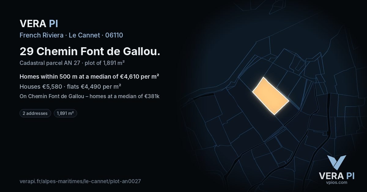 29 Chemin Font de Gallou, Le Cannet at night – the plot lit, the parcels around coloured by the prices near them