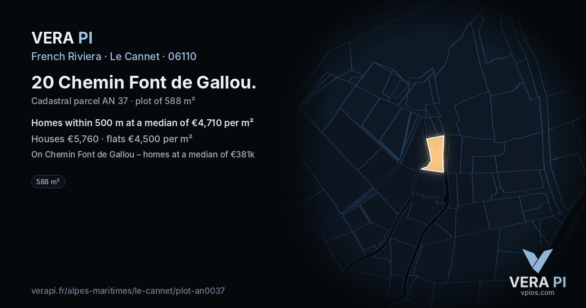 20 Chemin Font de Gallou, Le Cannet at night – the plot lit, the parcels around coloured by the prices near them