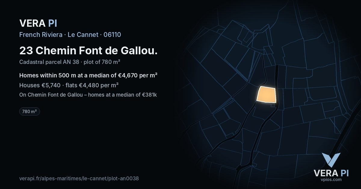 23 Chemin Font de Gallou, Le Cannet at night – the plot lit, the parcels around coloured by the prices near them