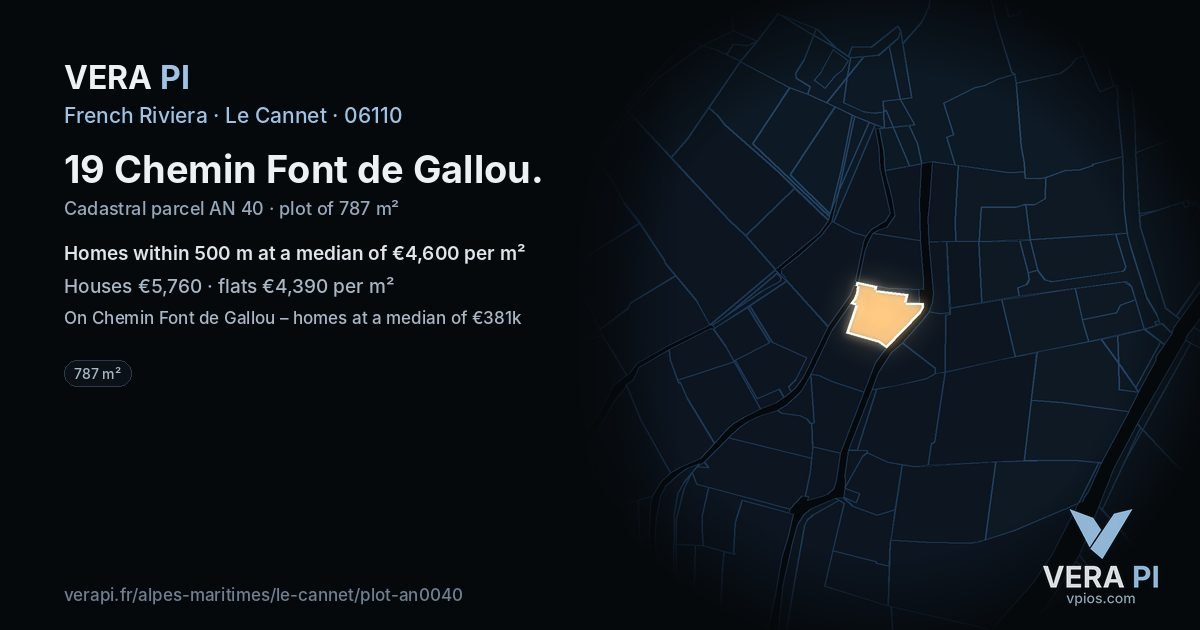 19 Chemin Font de Gallou, Le Cannet at night – the plot lit, the parcels around coloured by the prices near them