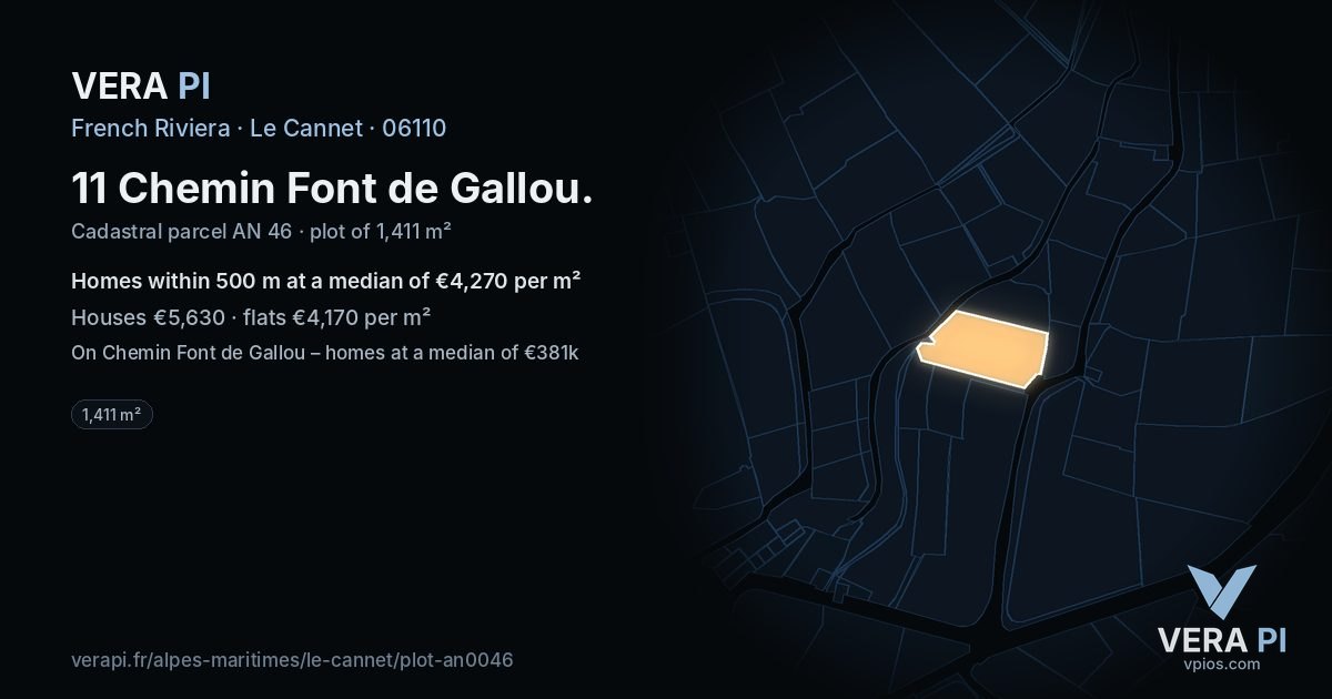 11 Chemin Font de Gallou, Le Cannet at night – the plot lit, the parcels around coloured by the prices near them