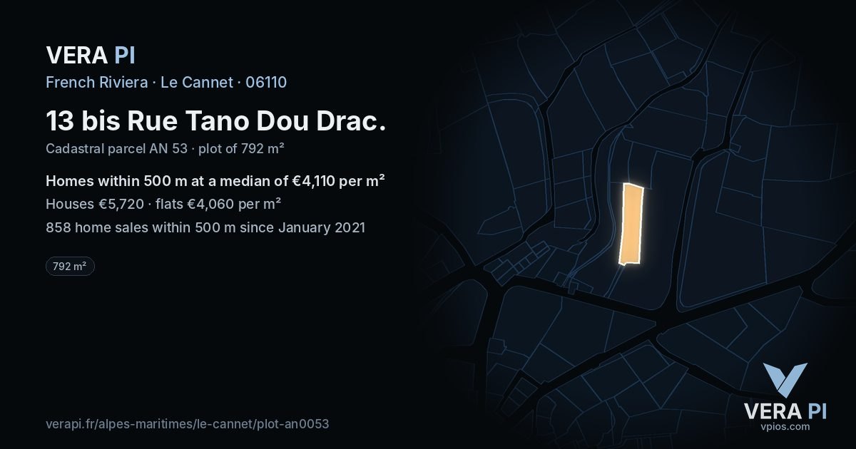 13 bis Rue Tano Dou Drac, Le Cannet at night – the plot lit, the parcels around coloured by the prices near them