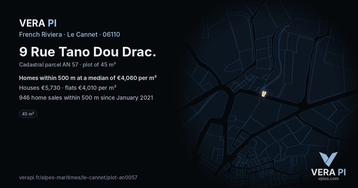 9 Rue Tano Dou Drac, Le Cannet at night – the plot lit, the parcels around coloured by the prices near them