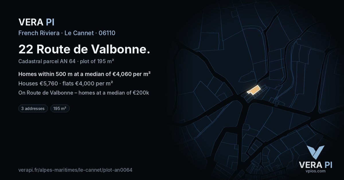 22 Route de Valbonne, Le Cannet at night – the plot lit, the parcels around coloured by the prices near them