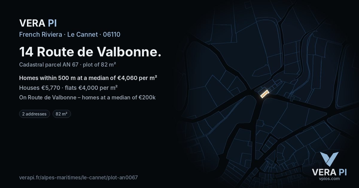 14 Route de Valbonne, Le Cannet at night – the plot lit, the parcels around coloured by the prices near them