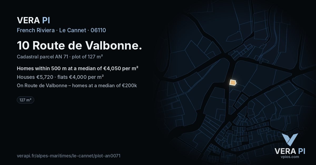 10 Route de Valbonne, Le Cannet at night – the plot lit, the parcels around coloured by the prices near them