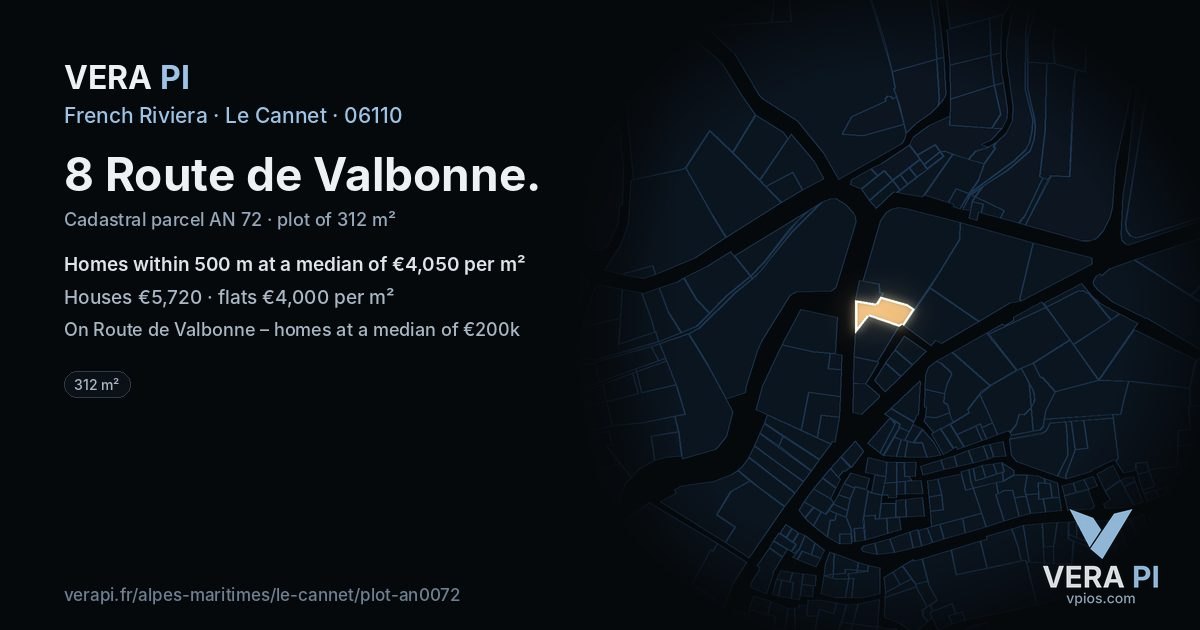 8 Route de Valbonne, Le Cannet at night – the plot lit, the parcels around coloured by the prices near them