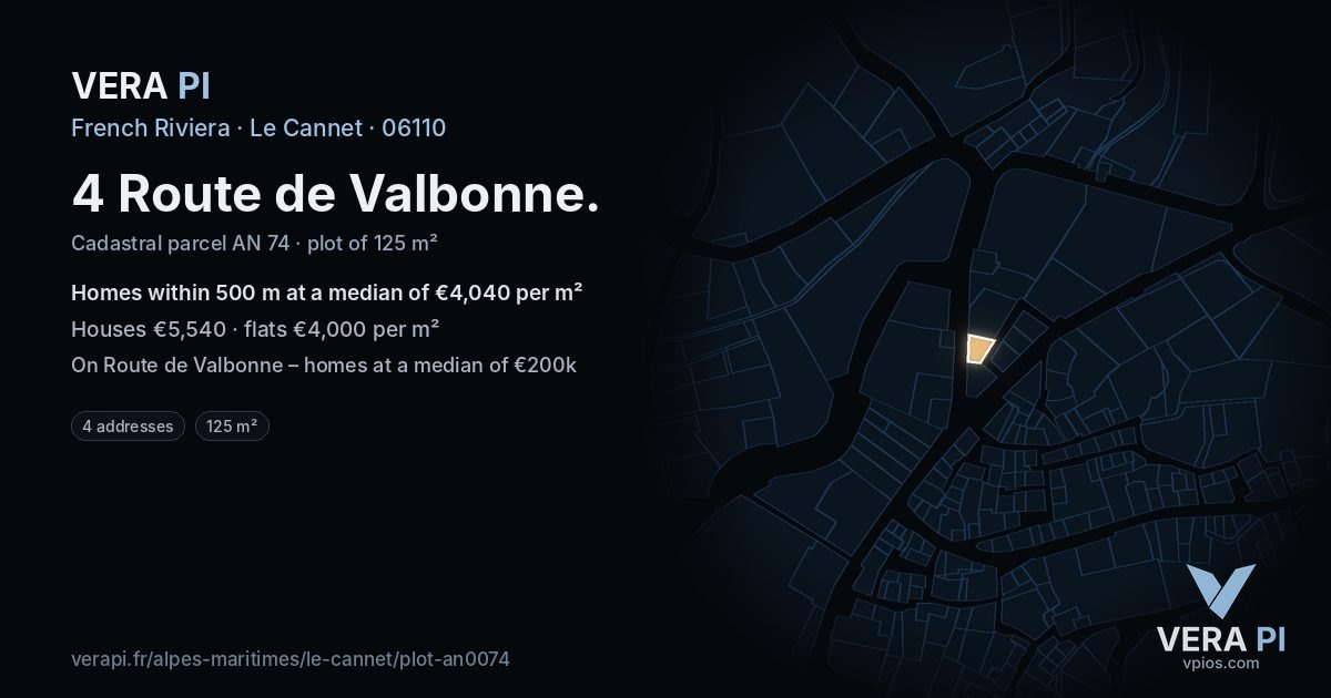 4 Route de Valbonne, Le Cannet at night – the plot lit, the parcels around coloured by the prices near them