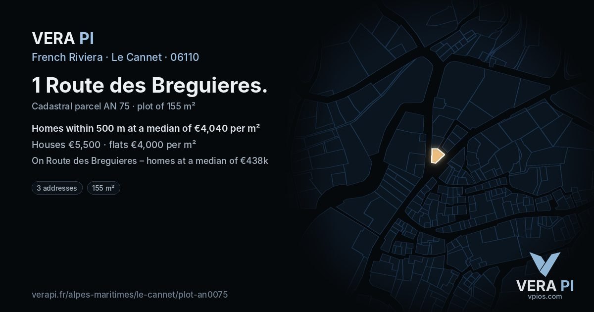 1 Route des Breguieres, Le Cannet at night – the plot lit, the parcels around coloured by the prices near them