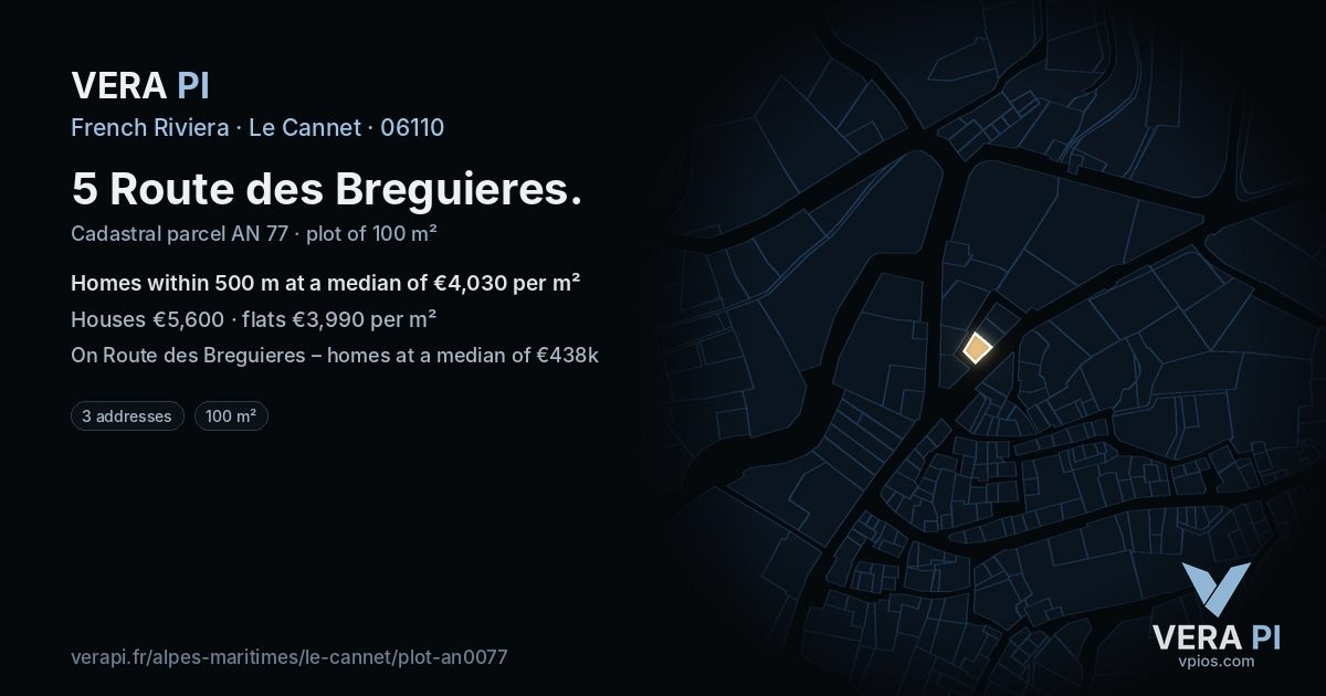 5 Route des Breguieres, Le Cannet at night – the plot lit, the parcels around coloured by the prices near them