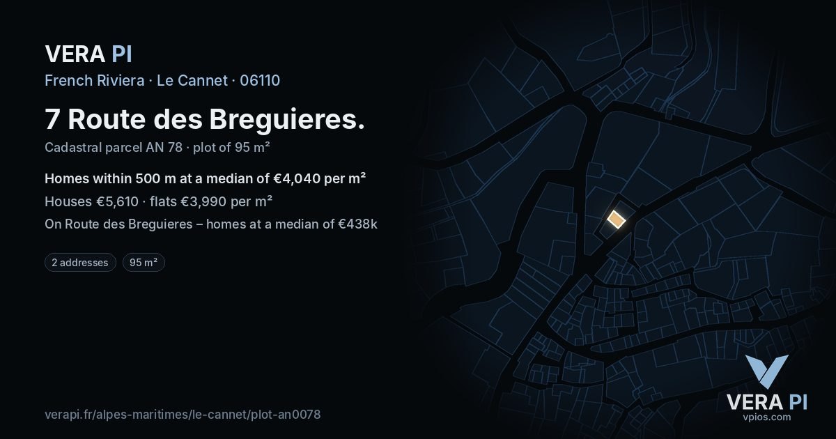 7 Route des Breguieres, Le Cannet at night – the plot lit, the parcels around coloured by the prices near them