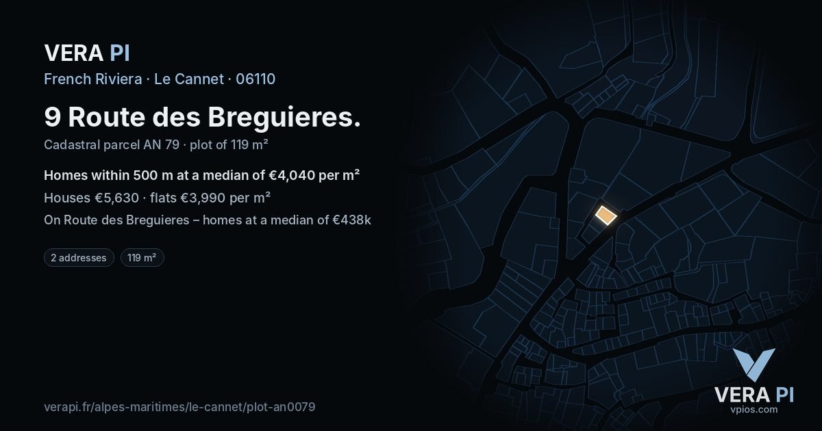9 Route des Breguieres, Le Cannet at night – the plot lit, the parcels around coloured by the prices near them